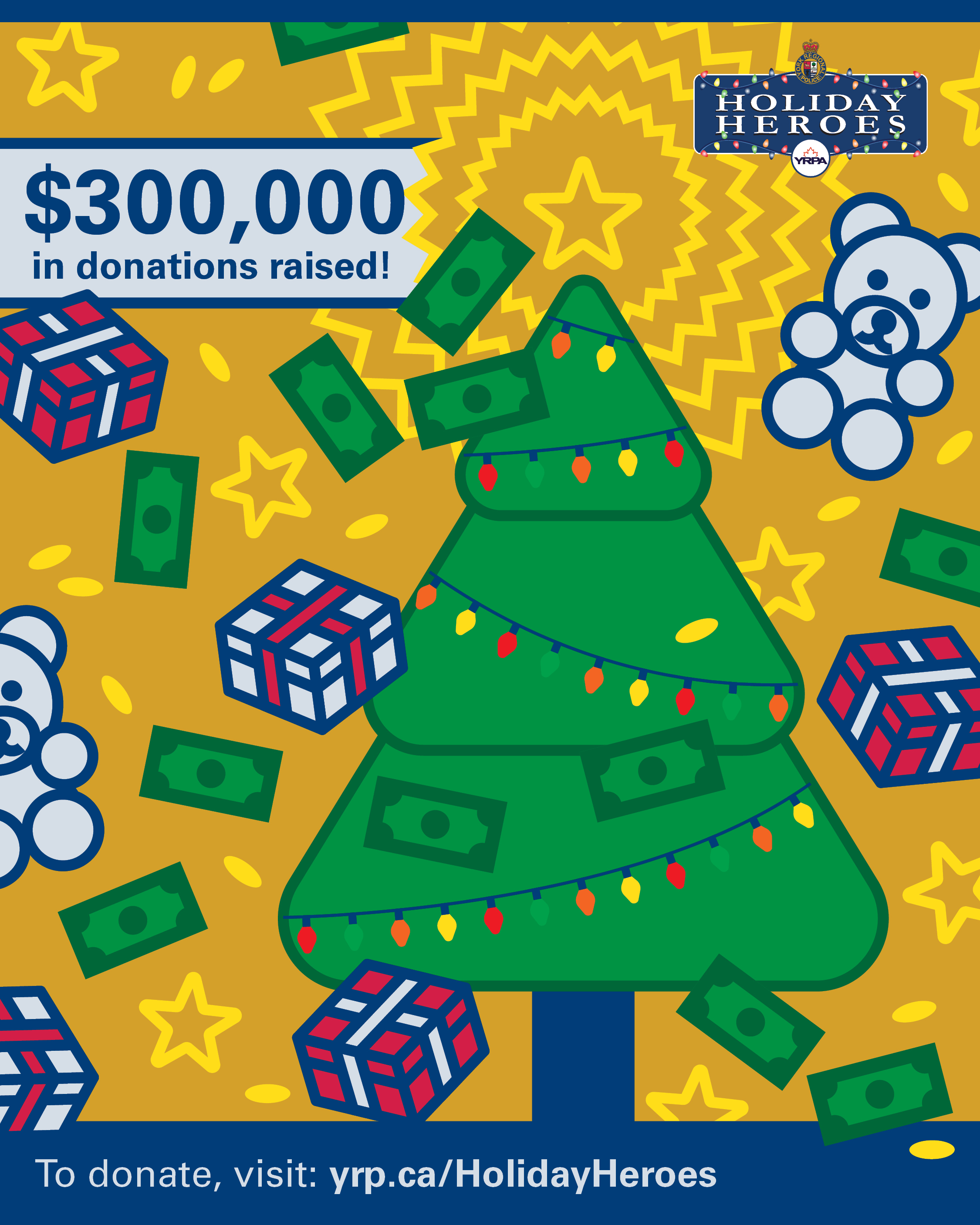 A graphic of a Christmas tree shows $300,000 in gift cards and money have been collected for Holiday Heroes.